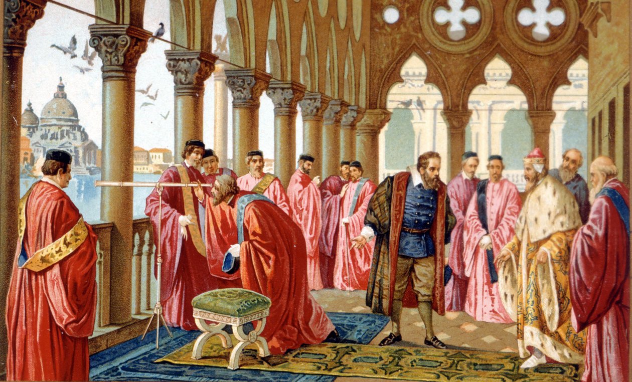 Galileo Galilei (1564 - 1642) představuje jeho lunetu v Dóžecím paláci v Benátkách. chromolitograf 19. století. od Unknown artist