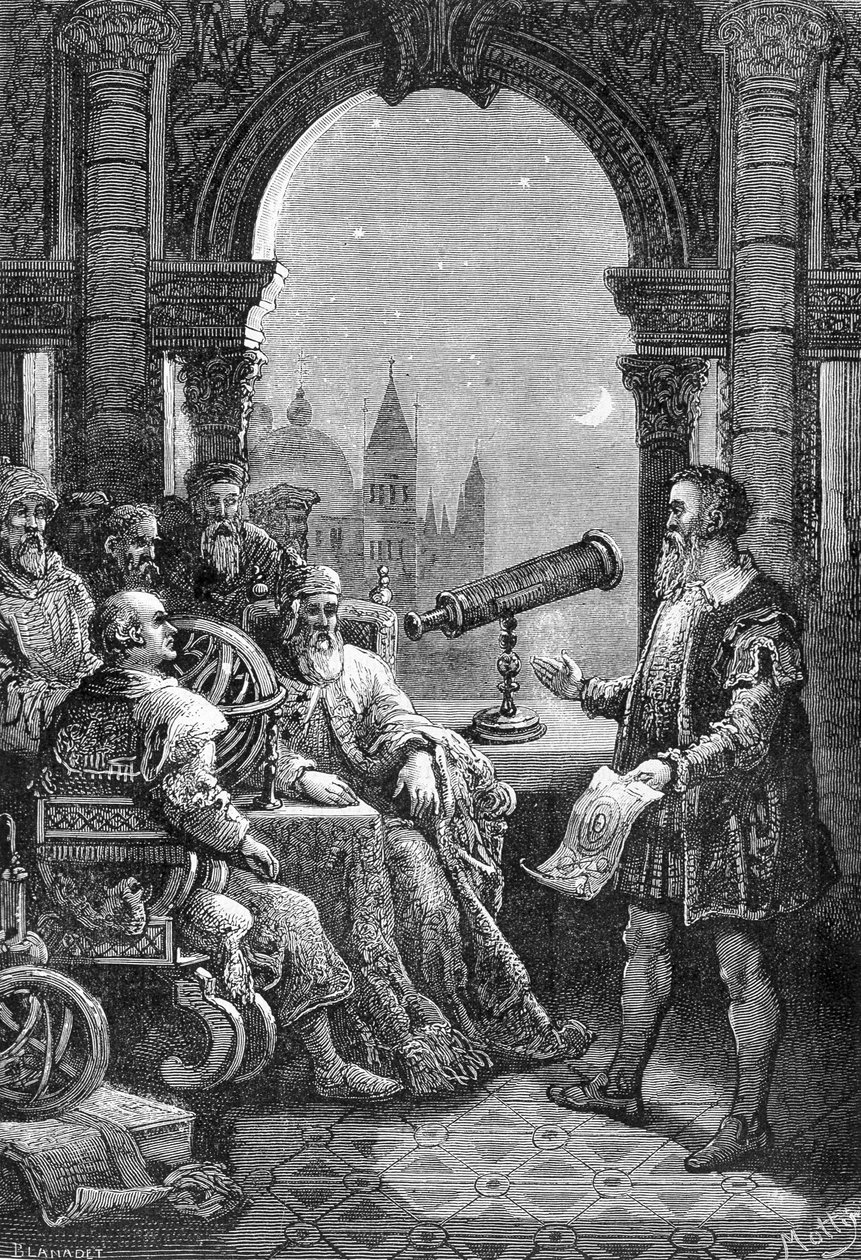 Galileo Galilei (Galileo) představuje první astronomickou lunetu u benátského dóžete. od Unknown artist