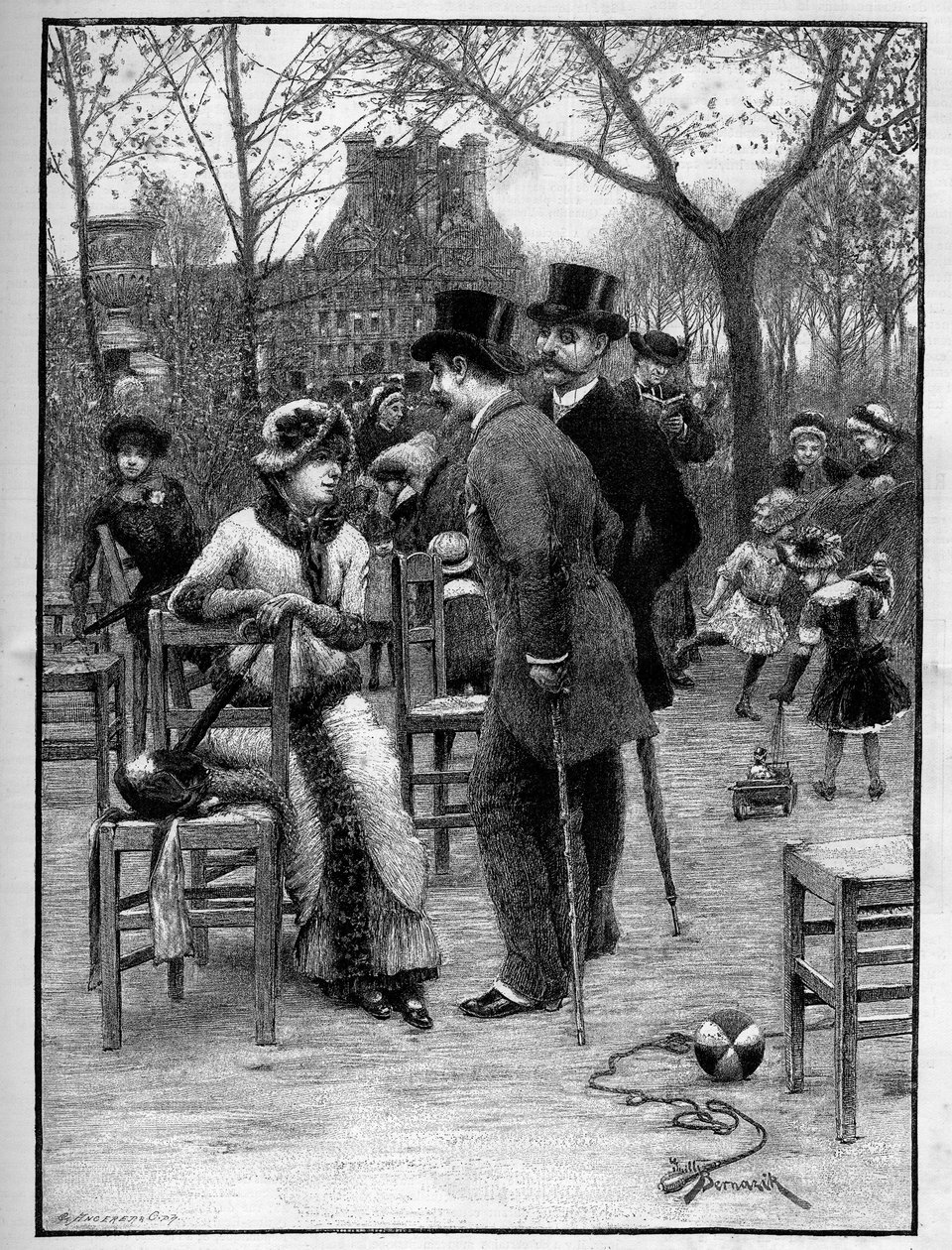 Galantní rozhovor mezi dvěma muži a mladou ženou, všichni velmi elegantní, v Tuileries Garden v Paříži během léta. Gravírování v „“Le Monde Illustré““ od Unknown artist