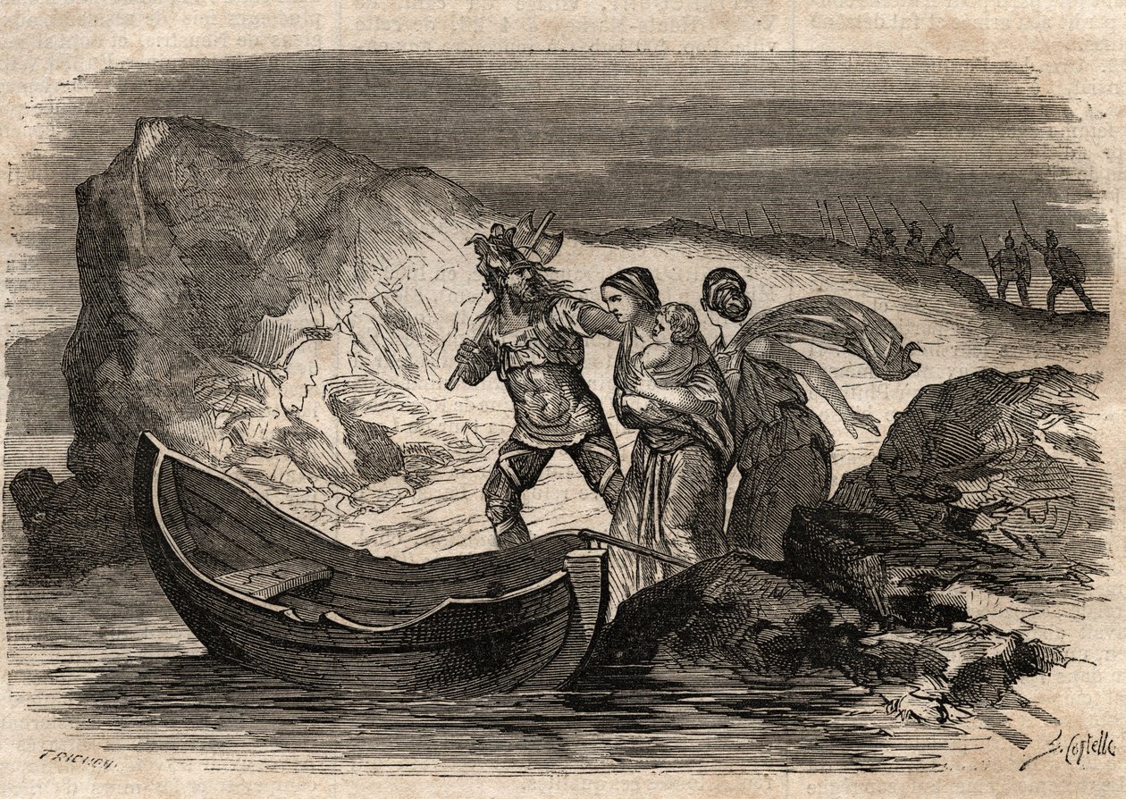 Galské války, 58-51 př. Kr. Římské vítězství nad německými kmeny pod vedením Ariovista - Ariovistus nucen překročit Rýn - Arioviste force de iron the Rýn - rytina v „“ Dictionnaire populaire llustrious“ - 1864 - Joseph December a Edmond Allonier od Unknown artist