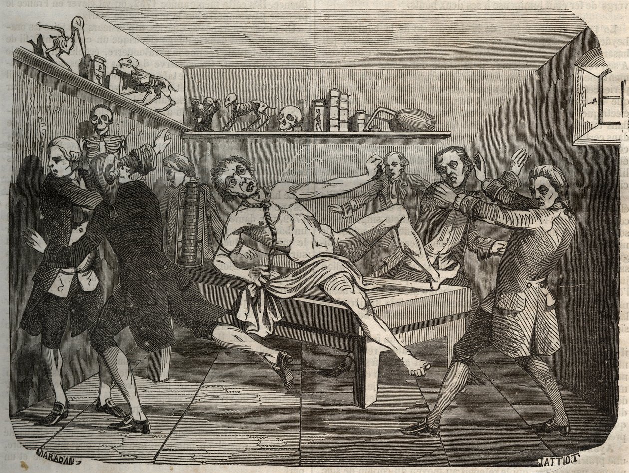 Galvanizace mrtvoly oběšence s hromadou Alessandra (Alexandre) Volta: pod vlivem elektrolitu mrtvola jakoby znovu ožila. Rytina z roku 1856 v „“Le Musee Des Sciences““ od Unknown artist