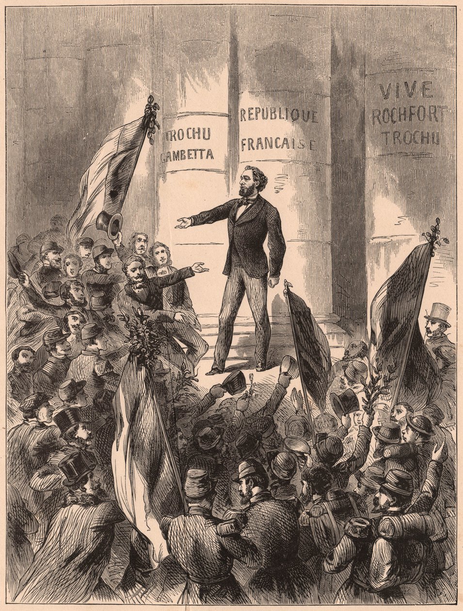 Gambetta, na schodech Hotel de Ville v Paříži, vyhlašující republiku po zajetí Napoleona III v bitvě u Sedanu ve francouzsko-pruské válce v roce 1870 od Unknown