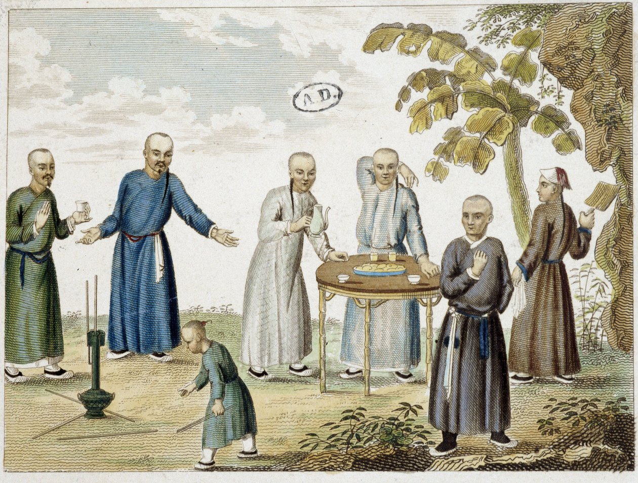 Hry a muži pijící čaj v Číně - s.d, grav. od Unknown artist