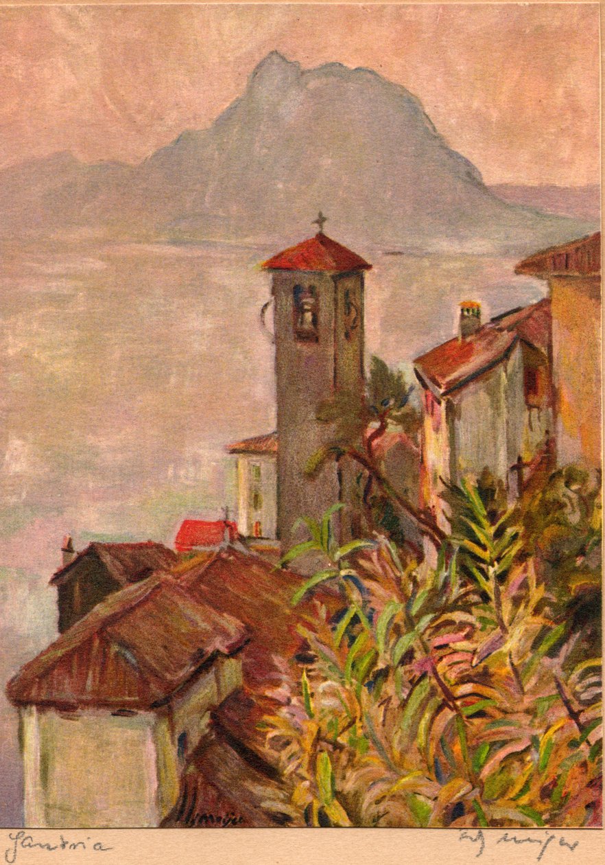 Gandria, Švýcarsko, s horou San Salvatore a Luganským jezerem, pohlednice Fritze Meijera, asi 1940 (barevná litografie) od Unknown artist