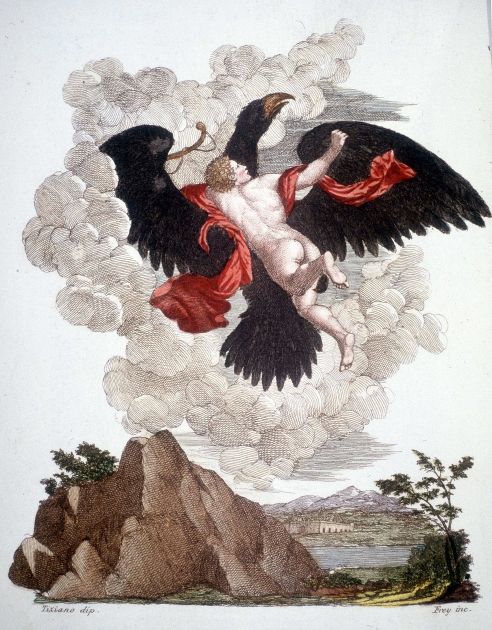 Ganimede odstraněn Jupiterem (Zeus) přeměněn v orla - rytina od Unknown artist