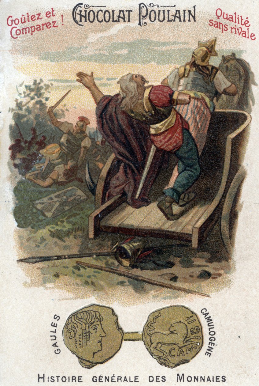 Galové Aulerque: Bitva u Lutece mezi Camulogene a Labienus v roce 53 př.nl. In Obecná historie mincí. Čokoládovo-hříběcí chromolitografie konce 19. století. Soukromá sbírka. od Unknown artist
