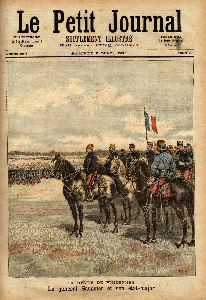 Generál Felix Gustave (Felix-Gustave) Saussier (1828-1905) a jeho štáb zkontrolovali jednotky ve Vincennes. Rytina v „“Le petit journal illustrious““ 09.05.1891. Selva sbírka. od Unknown artist