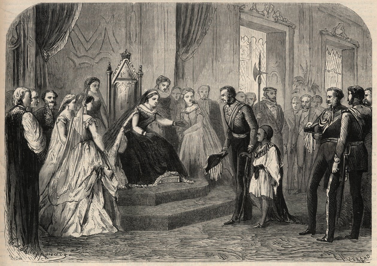 Generál Robert Cornelis (Cornelius) Napier (1810-1890) představil Leula Alemayehou Tewodros (1861-1879), syna etiopského neguse Theodorose II (Tewodros), královně Viktorii Iere (1819-1901). Gravírování v „The Universe Ilustrious“ od Unknown artist