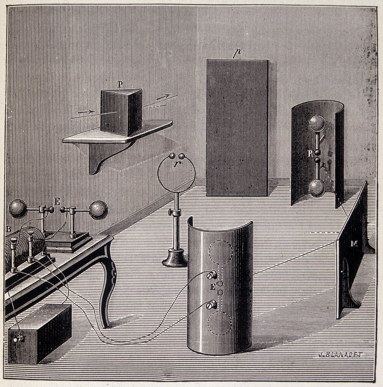 Obecné schéma experimentů Heinricha Hertze (1857-1894) na elektrických vlnách - v „“ Physique populaire“ od Emile Desbeaux, Flammarion od Unknown artist