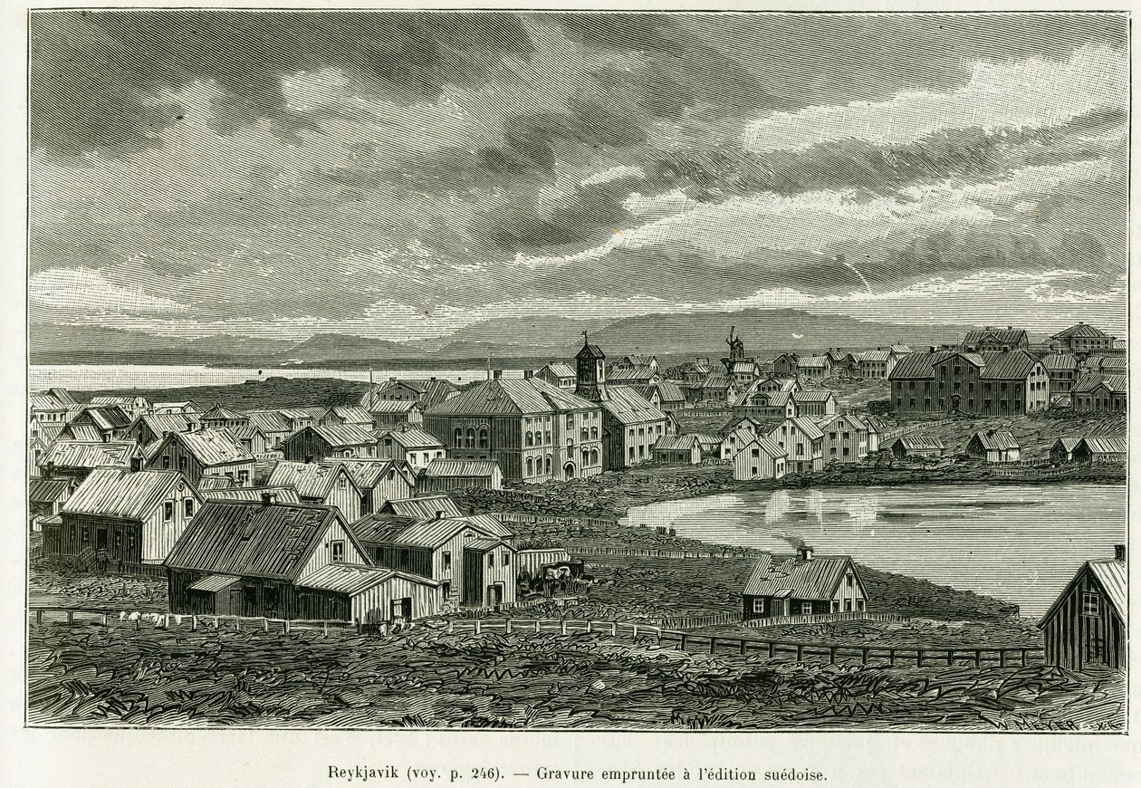 Celkový pohled na Reykjavík. Rytina pro ilustraci příběhu Nová expedice profesora Nilse Adolf Erik (Eric) Baron Nordenskjold (Nordenskiold) (1832-1901) v Grónsku, Charles Rabot, v tour du monde 1886, pod vedením Edouarda Chara od Unknown artist
