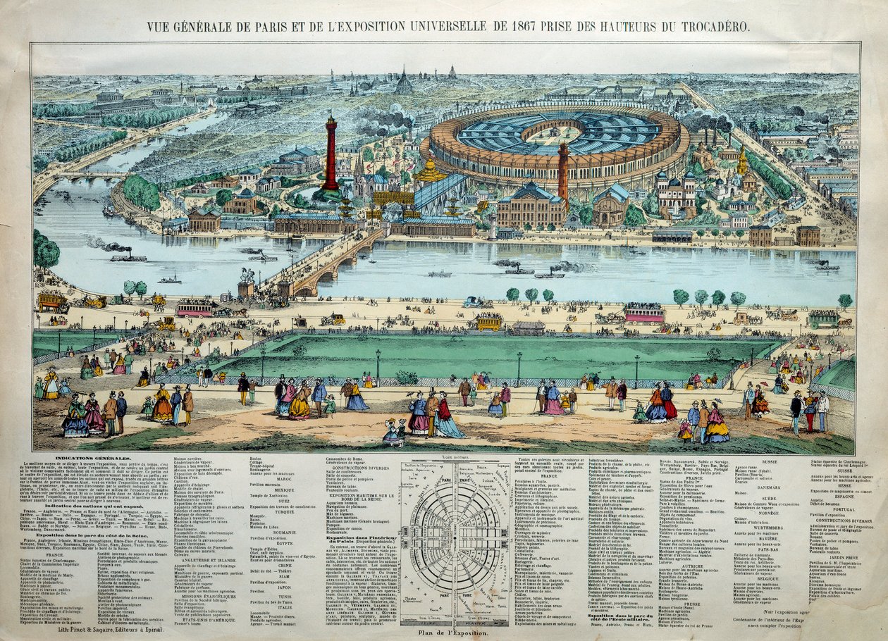 Celkový pohled na Světovou výstavu 1867 v Paříži. Dole: park vojenské školy Champ de Mars. Gravírování Paris, Musee Carnavalet od Unknown artist
