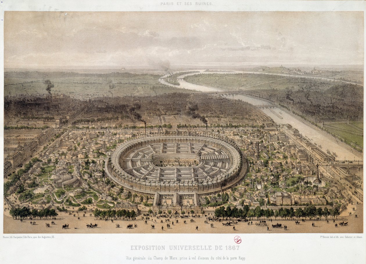 Celkový pohled na Světovou výstavu 1867 z Trocadera v Paříži: Champ de Mars a most Iena přes Seinu. Litografie 19. století. Paříž, Musee d