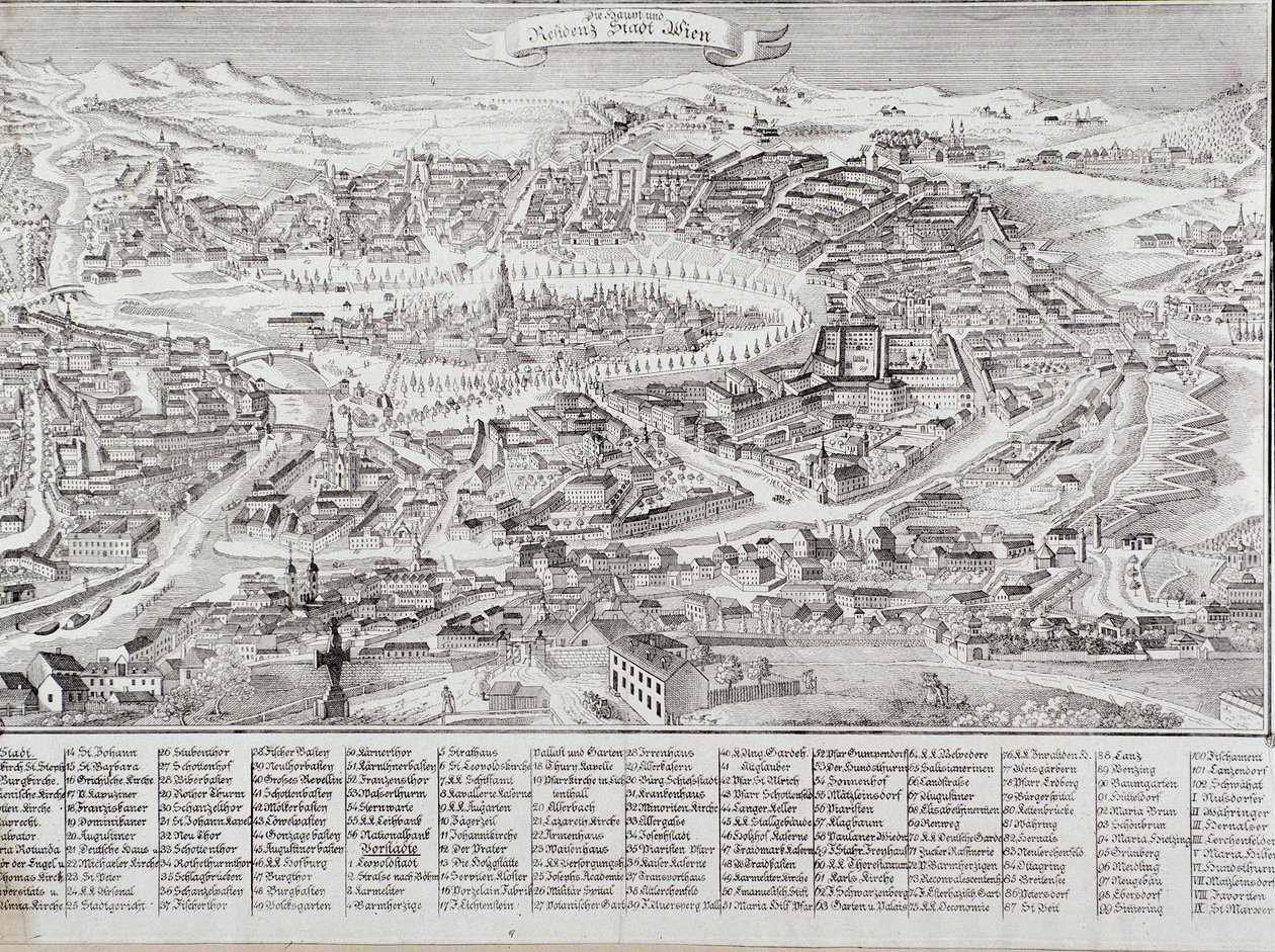 Celkový pohled na město Vídeň s detailem hlavních budov a památek. Rakousko rytina ze soukromé sbírky z roku 1800 od Unknown artist