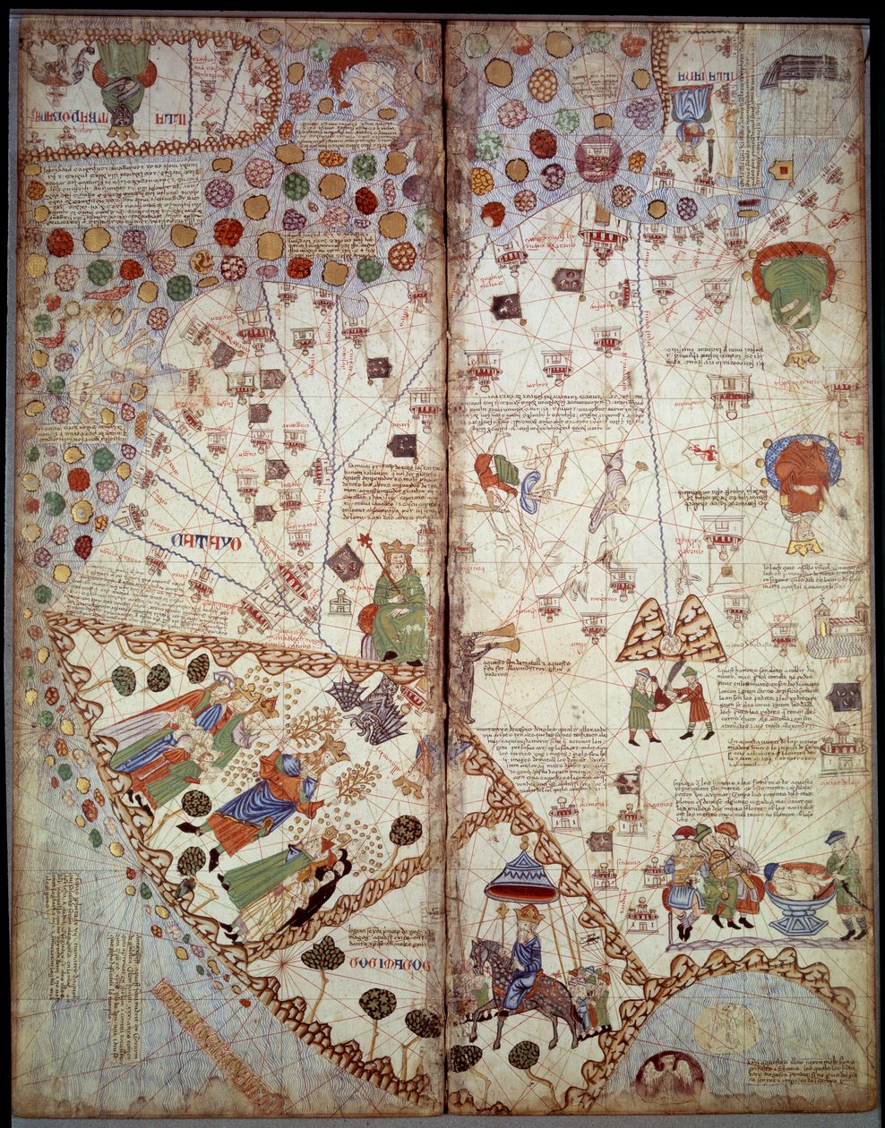Zeměpisná mapa: Čína, údolí Gangy, Sumatra, Ceylan. Catalan Atlas (Katalánská mapa) (Španělsko). Rukopis z roku 1375 (Folio 2v - Folio 3) Abraham Cresques. BN, Paříž od Unknown artist