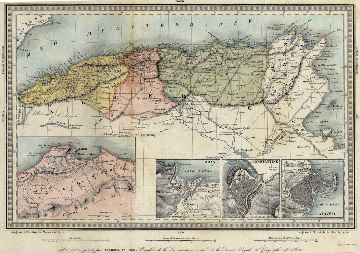 Geografická mapa Alžírska a podrobnosti o provinciích Alžír, Oran a Constantine, realizovaná Amboise Tardieu od Unknown artist