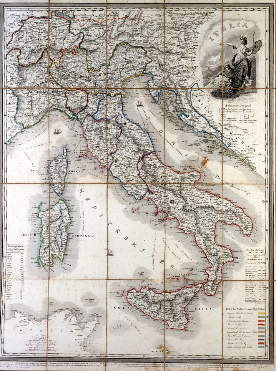 Zeměpisná mapa Itálie v roce 1850 s vymezením hranic různých států, které tvořily zemi před Risorgimentem. od Unknown artist