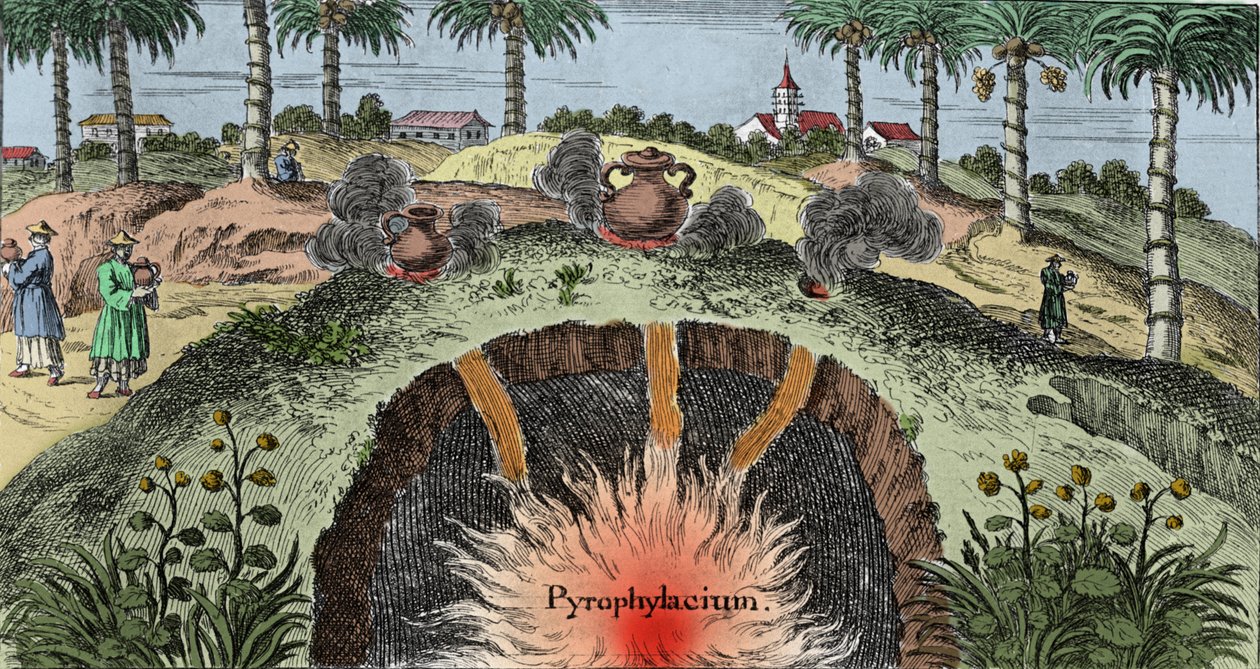 Geologie: řezání zemské kůry vysvětlující únik ohně ze země. Rytina z „Mundi Mirabilis Oeconomia““ od Johanna Zahna (1631-1707) od Unknown artist
