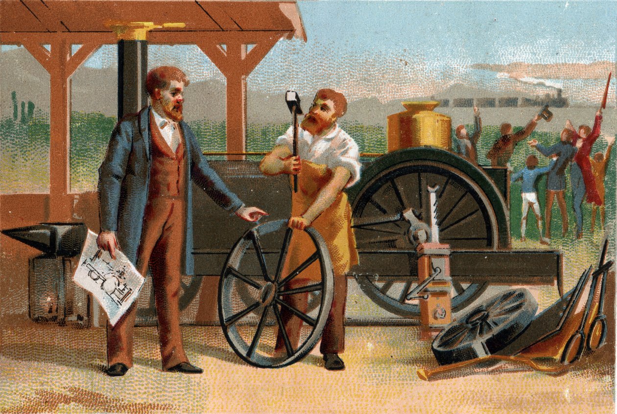 George Stephenson (1781-1848) reprezentoval jedním ze svých vynálezů: lokomotivou. Pozdní chromolitografie 19. století. od Unknown artist