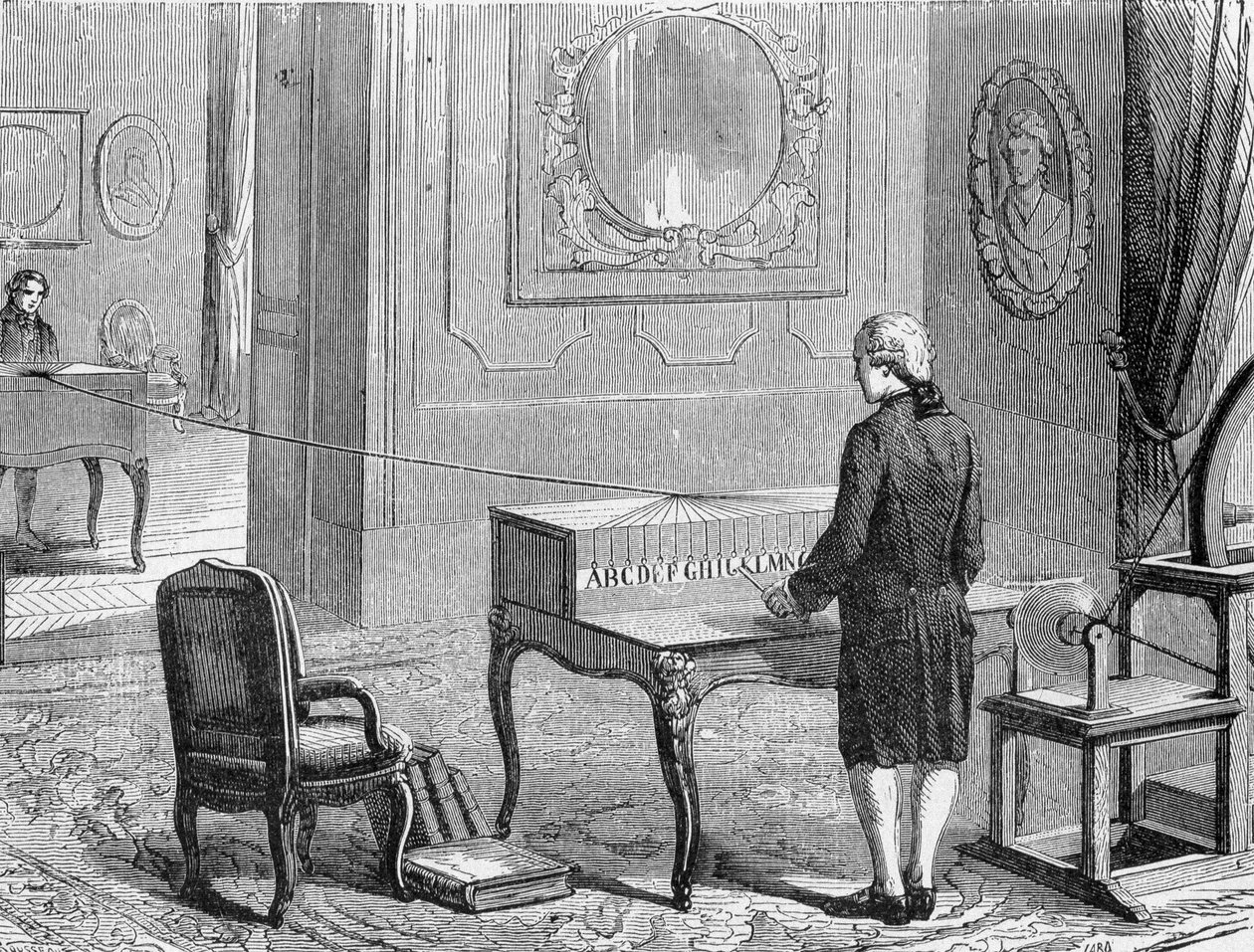 Georges Lesage, vynálezce prvního elektronického telegrafu před prototypem. 1774. Rytina 19. stol. od Unknown artist