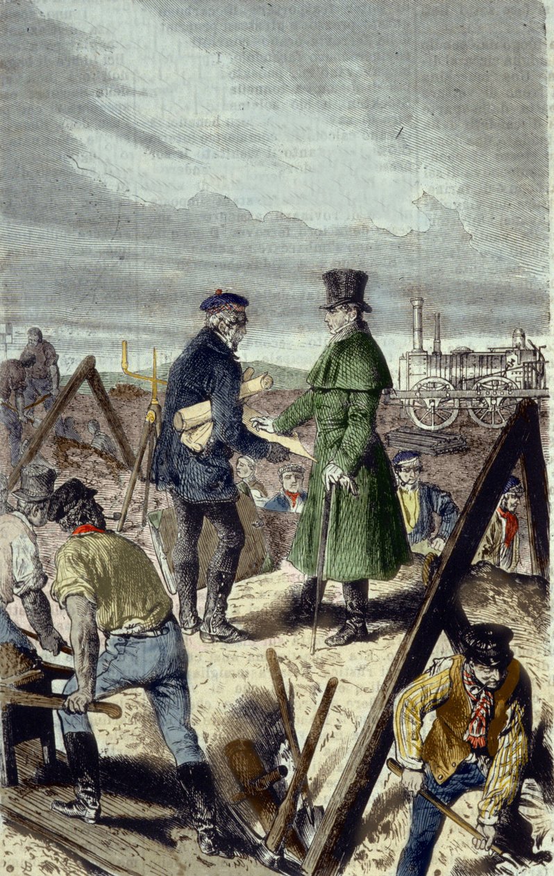 Georges Stephenson (1781-1848), anglický inženýr, stavitel Liverpool Manchester Road se svou první lokomotivou. od Unknown artist