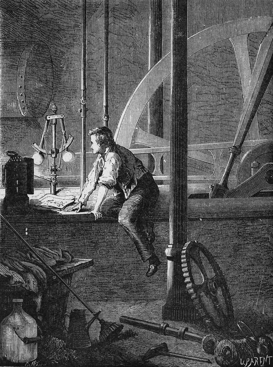 Georges Stephenson, řidičský dělník v Newcastlu, rozebírá a opravuje svůj parní stroj. In “Album de la Science””, Éditions Jouvet od Unknown artist