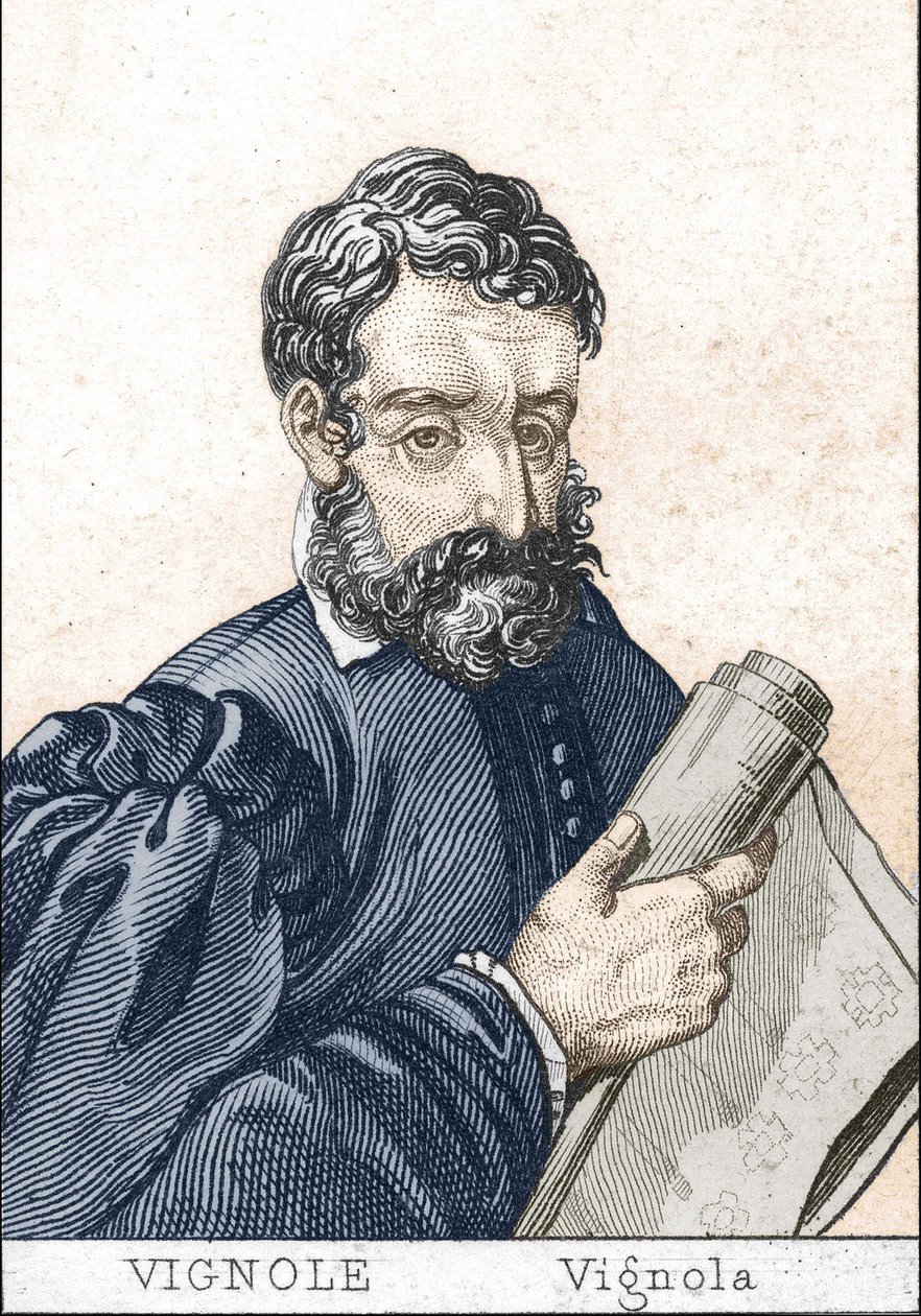 Giacomo Barozzi, jako Vignola, ve francouzštině Le Vignole, držící plán. od Unknown artist
