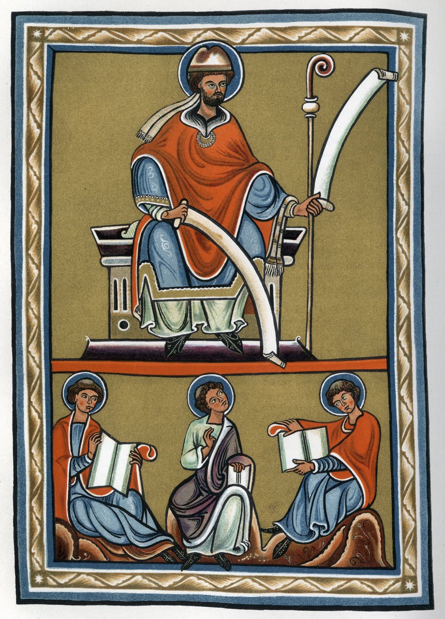 Gilbert de la Porree (Porretanus, scholastický teolog) a jeho žáci, Jourdain Fantosme, Yves de Chartres a Jean Beleth. Faksimile miniatury z 12. století z 19. století v „“Komentáři k De Trinitate de Boece““ (Boezio). Soukromá sbírka od Unknown artist