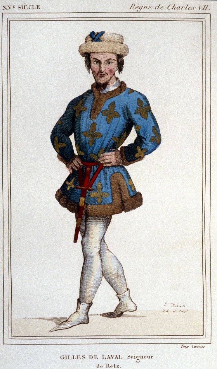 Gilles de Rais (Retz nebo Rays) (1404-1440), společník zbraní Johanky z Arku. Rytina z 19. století ""Historická Francie"" od Unknown artist