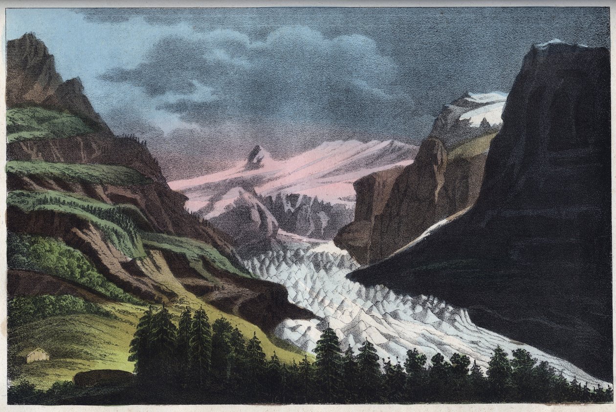 Glacier de Grindelwald ve Švýcarsku - Švýcarsko, ledovec Grindelwald v 19. století - rytina z „“ Zvyků a tradic všech národů vesmíru. To je historie vlády, zákonů, milicí, náboženství všech národů od Unknown artist