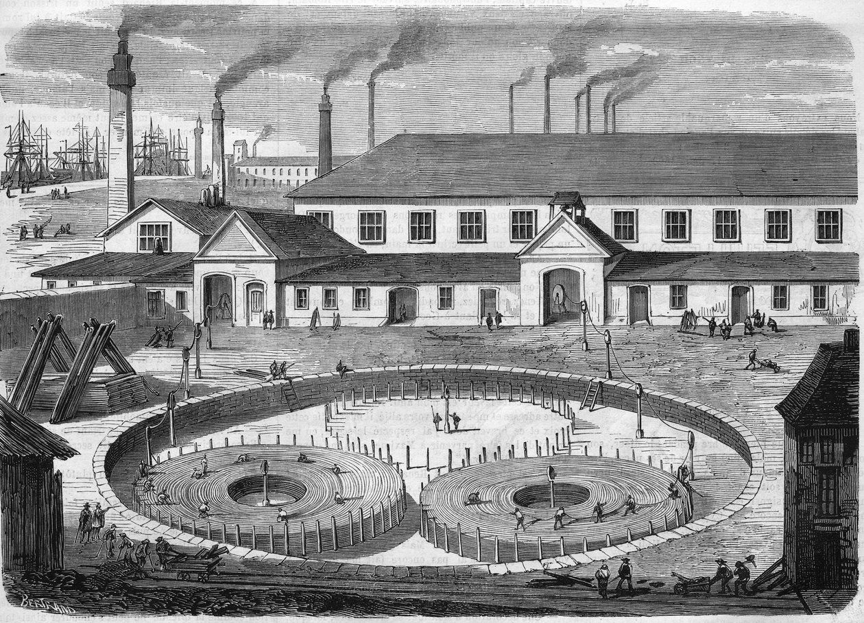 Továrna na elektrické kabely Glass Eiliot v Greenwichi. Navinutí kabelu v nádržích před přepravou na lodi „“ leviatan““. Rytina z roku 1865. od Unknown artist