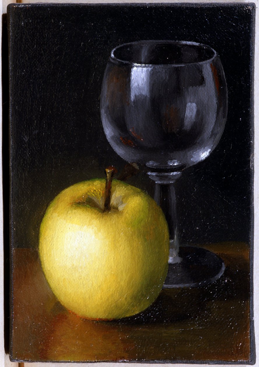 Sklo a žluté jablko - zátiší, olej na plátně od Unknown artist