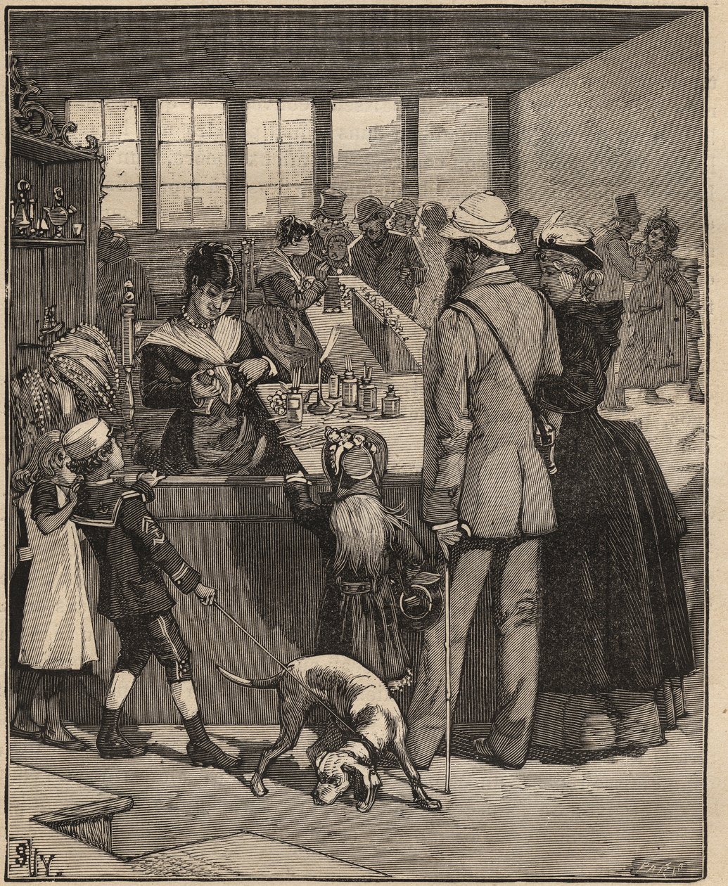 Sklářské umění: turisté kupují perlu vyfouknutou ve sklárně v italských Benátkách. Rytina z roku 1885 v „“Les arts et metiers illustres““ od Adolphe BITARDA. od Unknown artist