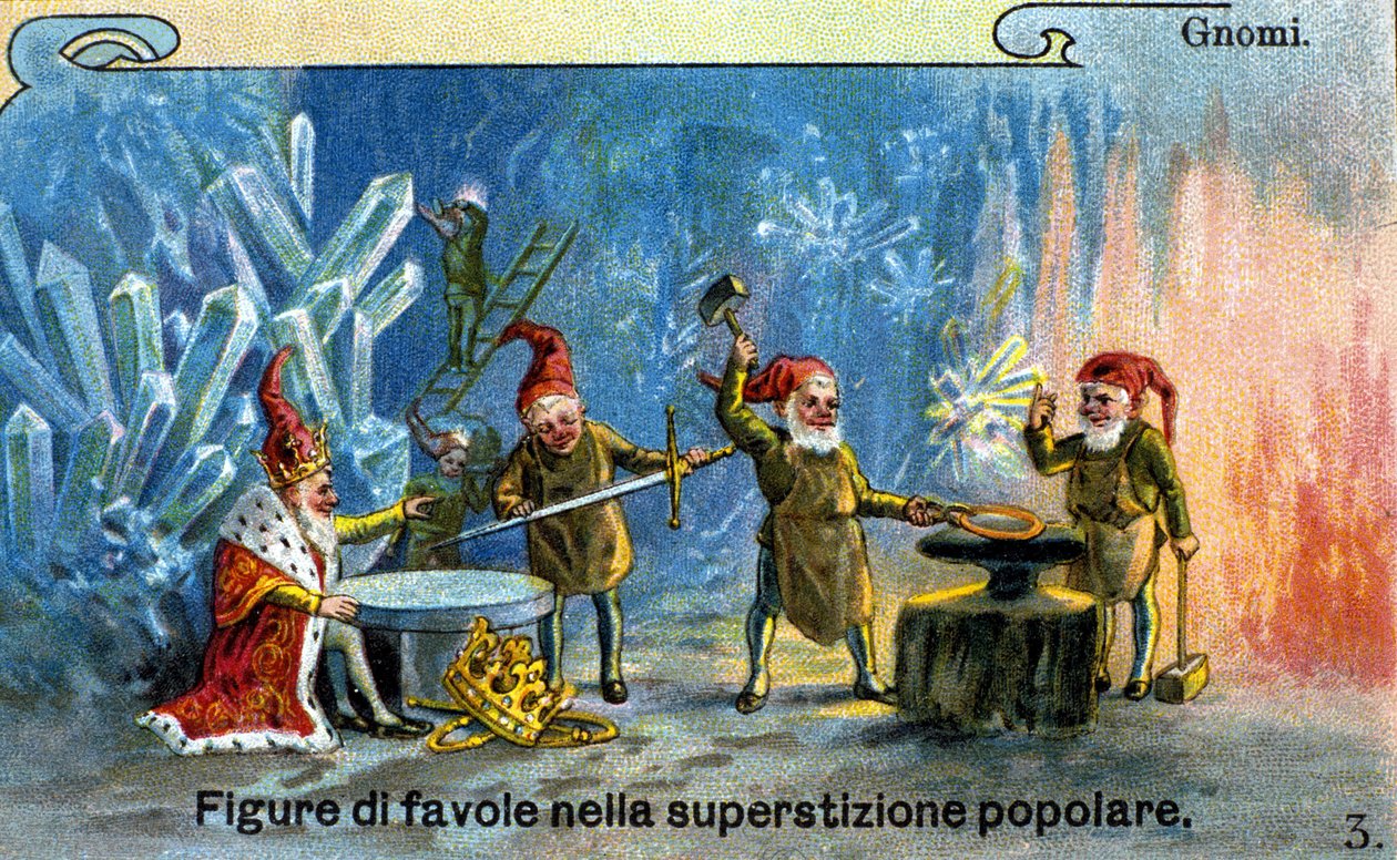 Gnómové, postavy z bajek v lidové tradici. Chromolitografie od Unknown artist