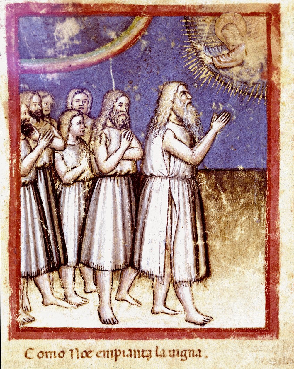 Bůh požehnal Noemu a jeho rodině, kteří přežili miniaturu potopy z kodexu 212 (nebo kodexu padovano nebo Bible z Padovy) 1390-1400 Rovigo, Accademia dei Concordi od Unknown artist