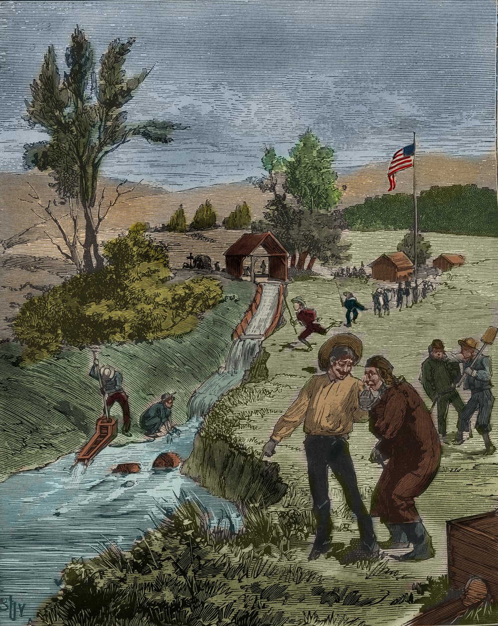 Zlatá horečka: Hledači zlata v Kalifornii mytí štěrku v potoce sítem, usazení kapitána Suttera. Rytina z roku 1885 v „“Les arts et metiers illustres““ od Adolphe BITARDA. od Unknown artist