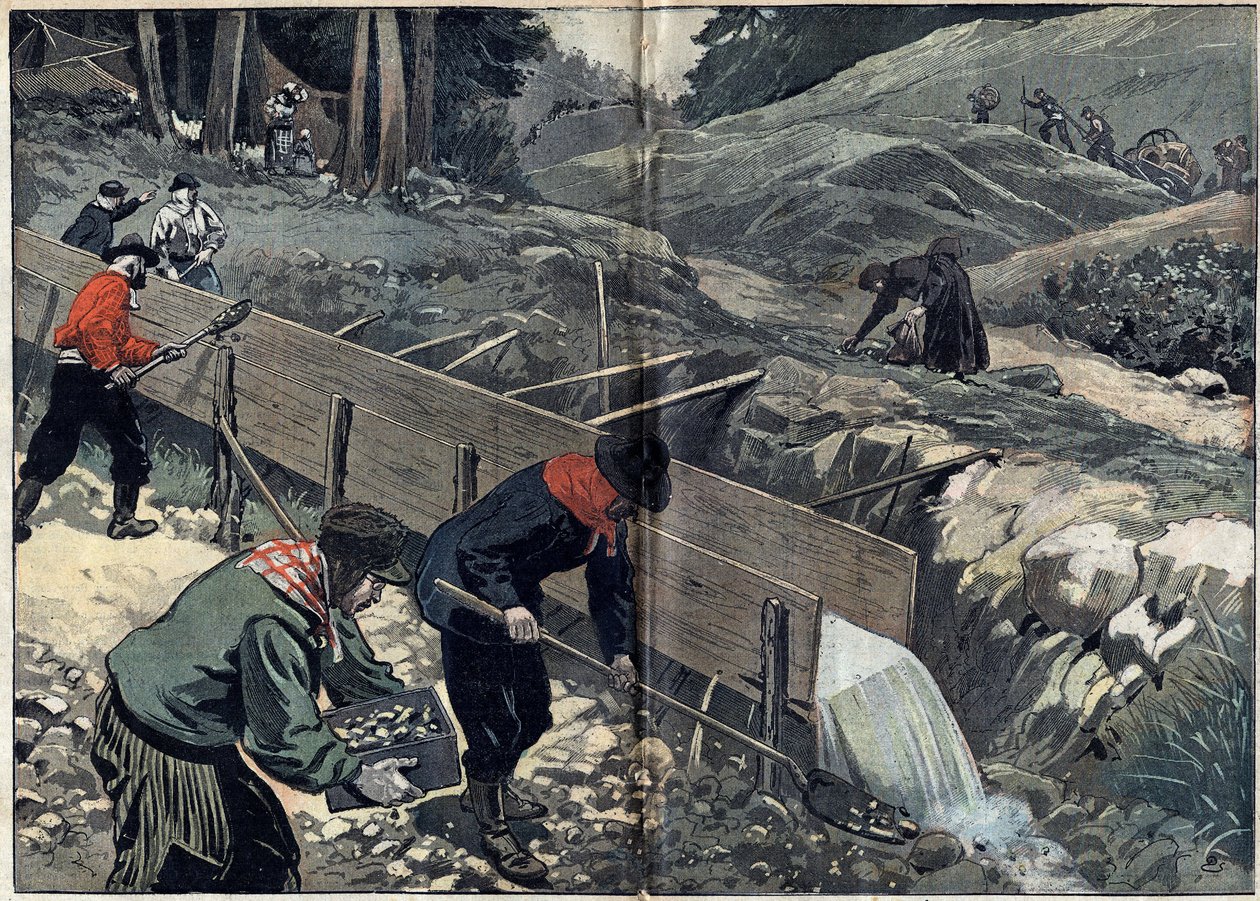Zlatá horečka na Aljašce: Hledači zlata myjí zlaté bahno. Žena sbírá pepity, zatímco do tábora přijíždějí noví hledači zlata. Ilustrace v „“Le Pelerin““ z 20. února od Unknown artist