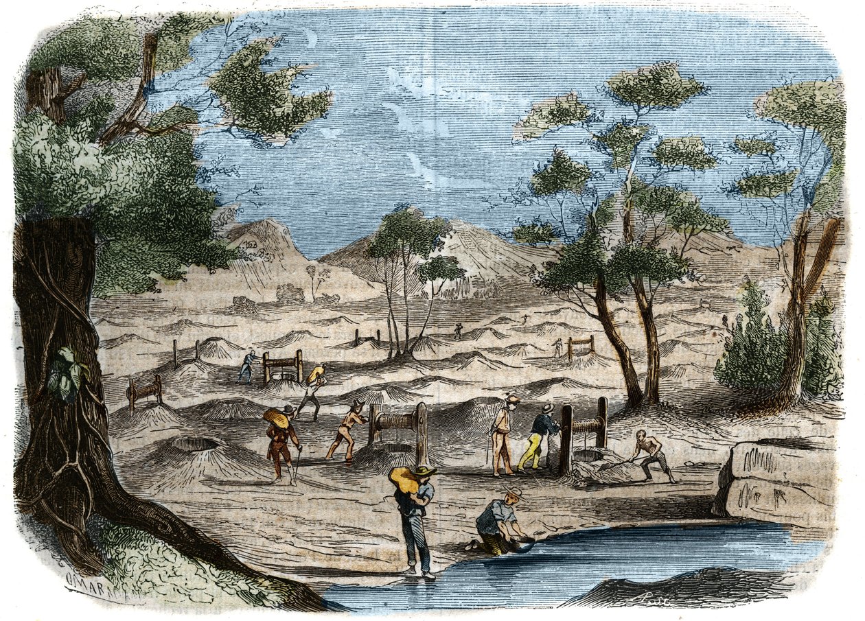 Zlatá horečka v Austrálii: pohled na prospektory ve zlatých polích města Bendigo. Rytina z roku 1856 v „“Le Musee Des Sciences““ od Unknown artist