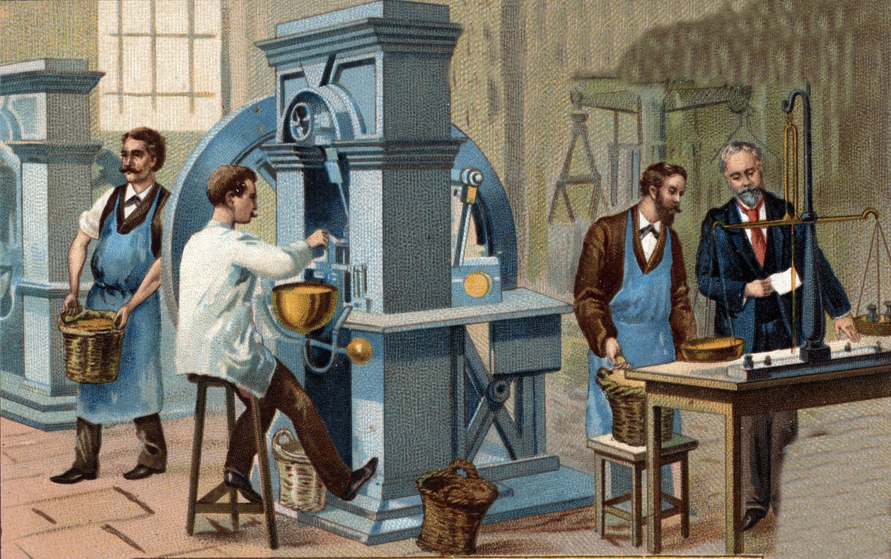 Těžba zlata. Ražba a ověřovací dílna mincí. Chromolitografie konce 19. století. od Unknown artist