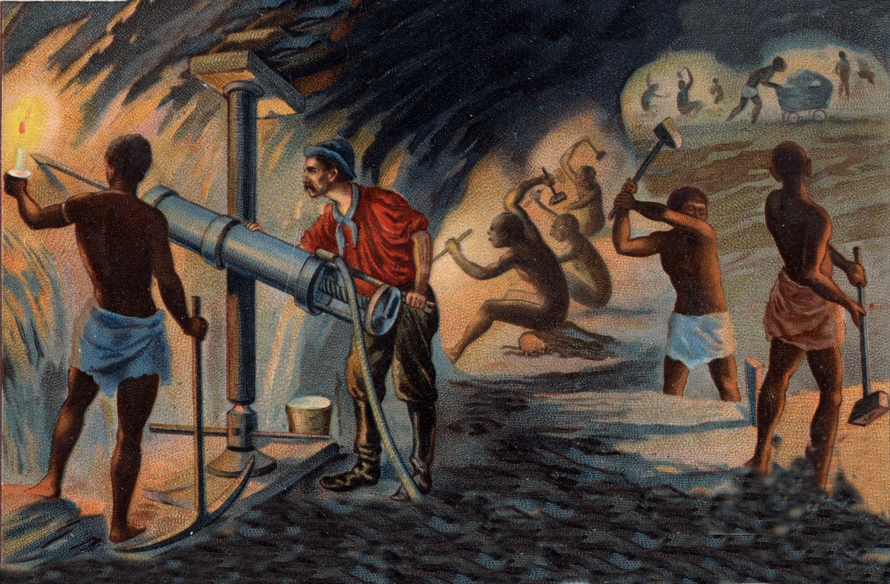 Těžba zlata: uvnitř dolu v Transvaalu. Miner pomocí vrtáku pracujícího pomocí stlačeného vzduchu. Chromolitografie konce 19. století. od Unknown artist