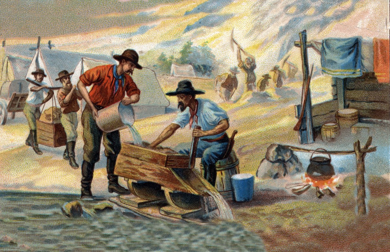 Hledač zlata: metoda praní nativního zlata, které je odděleno od kamenů a písku. Chromolitografie konce 19. století. od Unknown artist