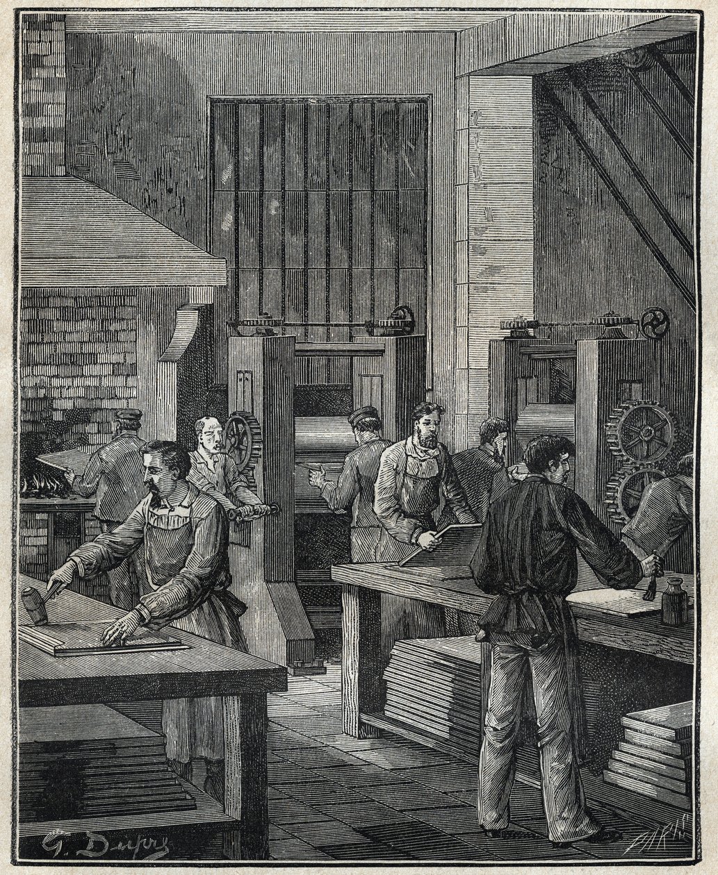 Zlatník: příprava desky, příprava kovu pro provedení speciálního stříbra. Rytina z roku 1885 v „“Les arts et metiers illustres““ od Adolphe BITARDA. od Unknown artist