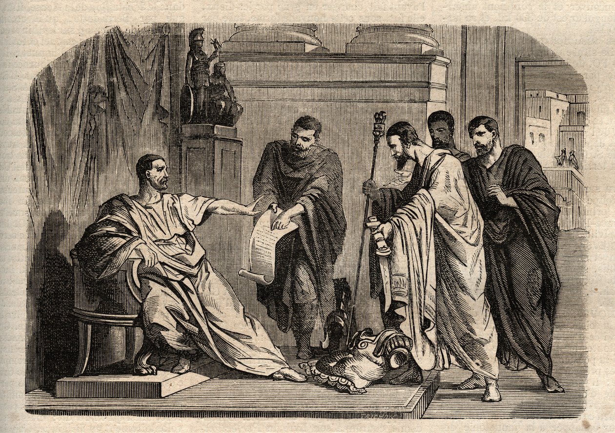 Gordian I (158-238) odmítající císařskou důstojnost - Gordian I. (Marcus Antonius Gordianus Sempronianus Romanus Africanus) odmítl císařskou důstojnost - rytina v „“ Dictionnaire populaire illustrious“ - 1864 - od Josepha Decembra a Edmonda Alloniera - od Unknown artist