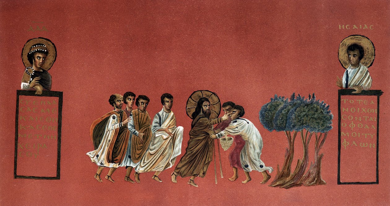Evangelium sv. Matouše - Zázrak Ježíše válčícího se dvěma slepými z Jericha, rytina 19. století podle řeckého rukopisu. od Unknown artist