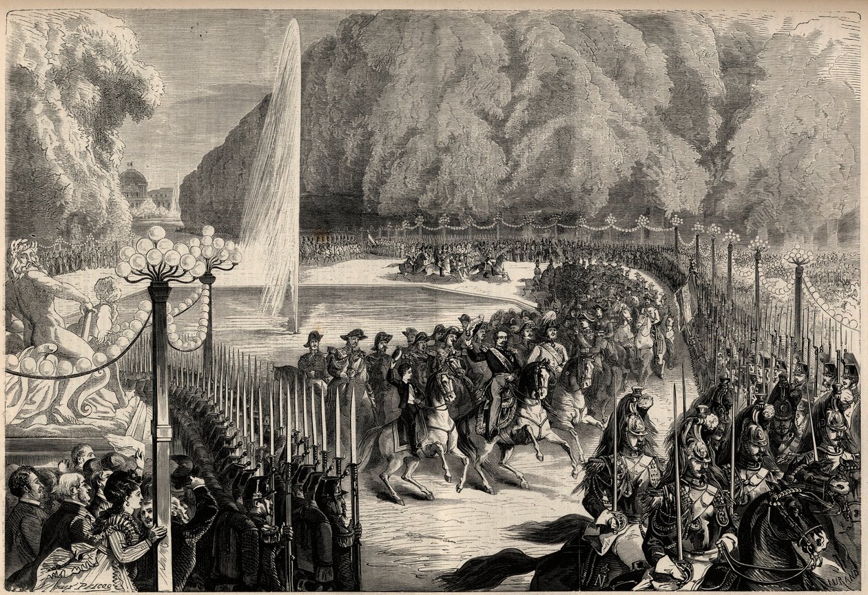 Velký časopis ze 14. srpna: Císař Napoleon III. (1808-1873), následovaný svým štábem, přechází Tuilerijskou zahradu v Paříži. Jeho syn, císařský princ Eugene Louis Joseph (1856-1879), je po jeho pravici. Rytina v „The Universe Ilustrious“ od Unknown artist