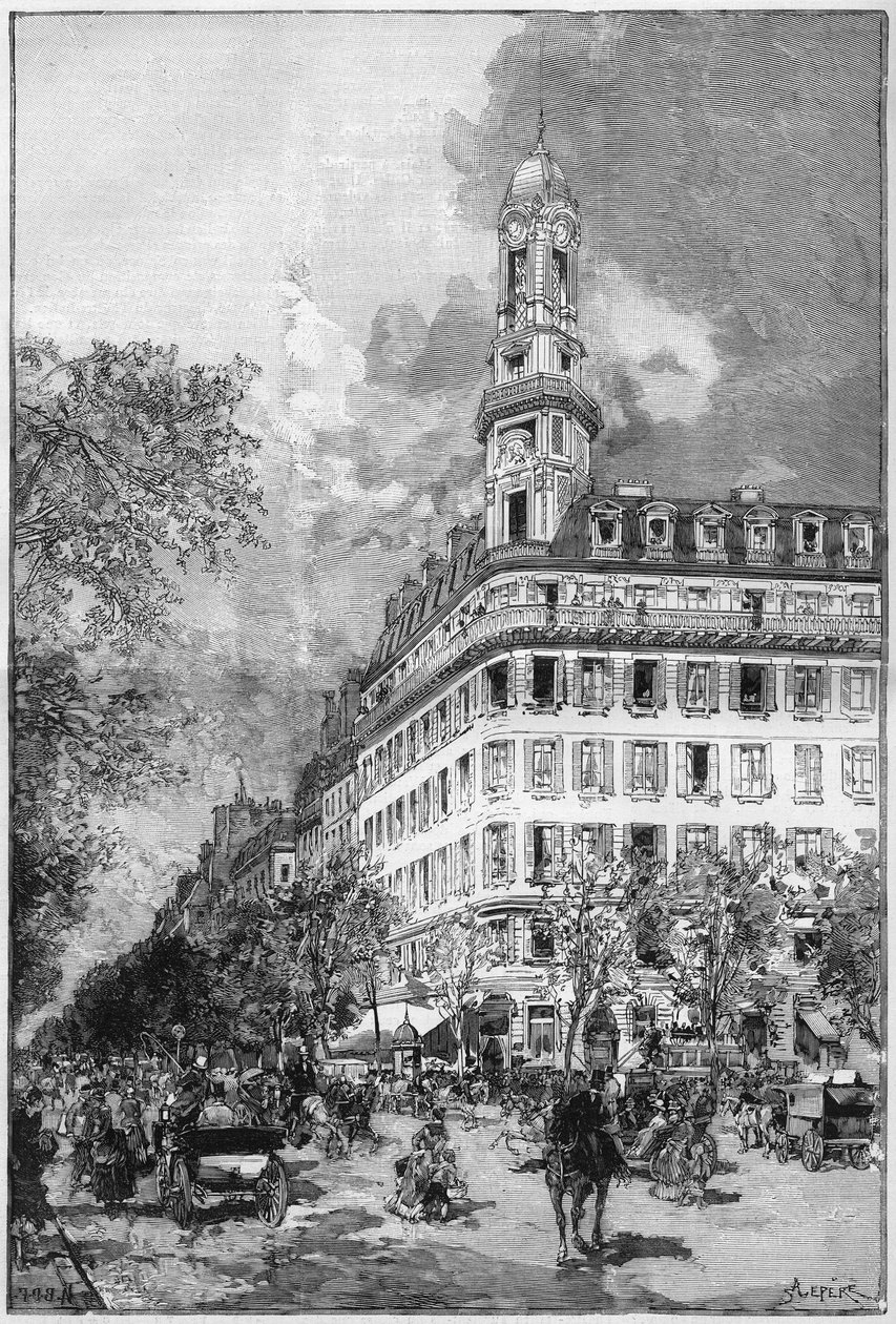 Velké bulváry a haussmannovské budovy v Paříži: Hotel de la Compagnie "La New York"" bulvár des Italiens. Rytina v ""The Illustrious World"" od Unknown artist