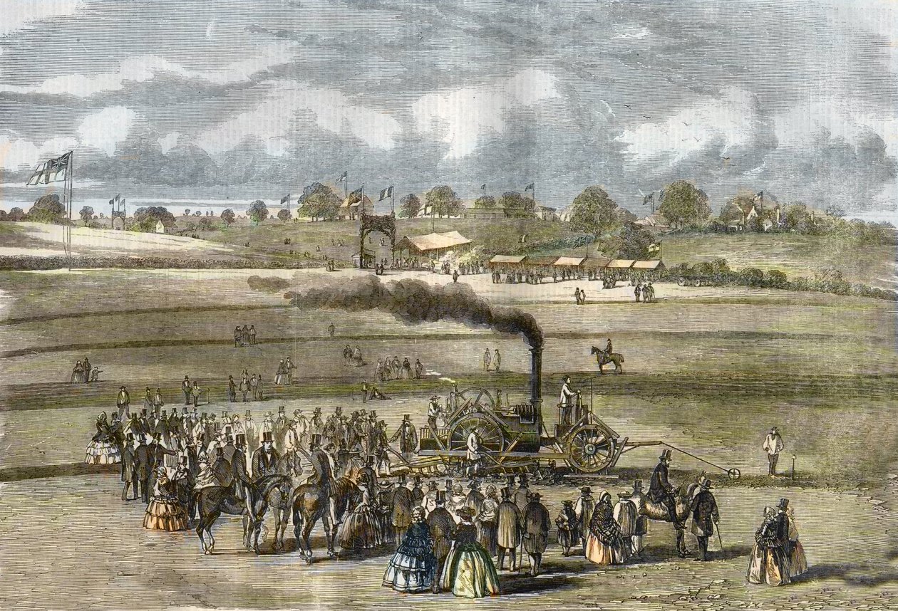 Velká Británie: Zemědělství, orba scéna. Parní pluh Boydell u Louth v roce 1854. (parní orba s Boydellovým motorem u Louth). od Unknown artist
