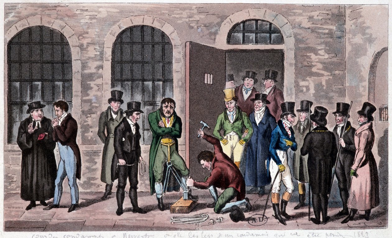 Vězení ve Velké Británii: S věznicí Newgate v Londýně (často zmiňovanou v románech Charlese Dickense) je spojen rozsudek smrti. Rytina kolem roku 1823. Bilbiotéka dekorativních umění. od Unknown artist
