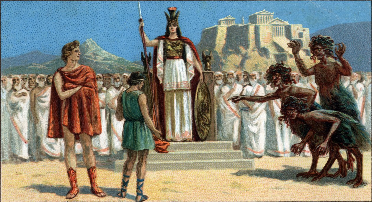 Velké řecké tragédie: „Orestia““ od Aischyla. Oreste se objevil před Areopage nebo Nejvyšším soudem Athén, kterému předsedala bohyně Pallas Athene nebo Minerva, asistoval mu Apollo. Napravo jsou Eumenides (tři fúrie). Orestie chybí od Unknown artist