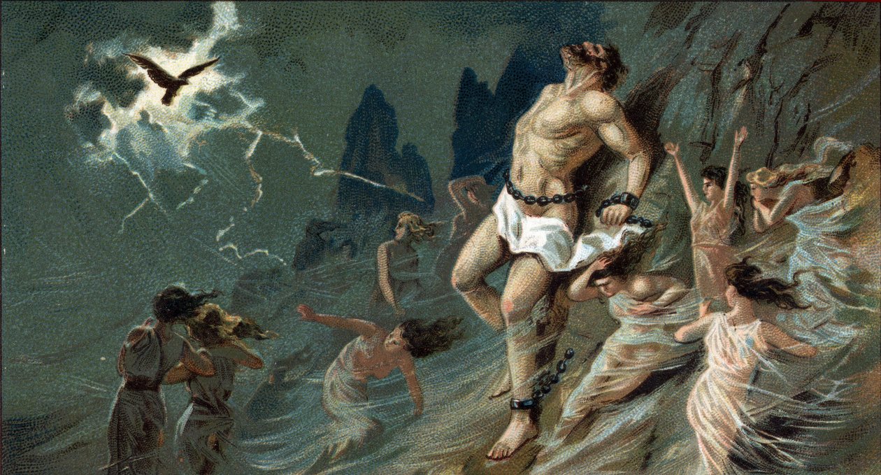 Velké řecké tragédie: ""Promethee enchaine""" od Aischyla. V poušti Skythia je Promethee na příkaz Jupitera připoután ke skále za to, že stvořil lidi a přinesl jim nebeský oheň. Tam mu játra ohlodal orel, neustále znovuzrozený. Promethee konec od Unknown artist