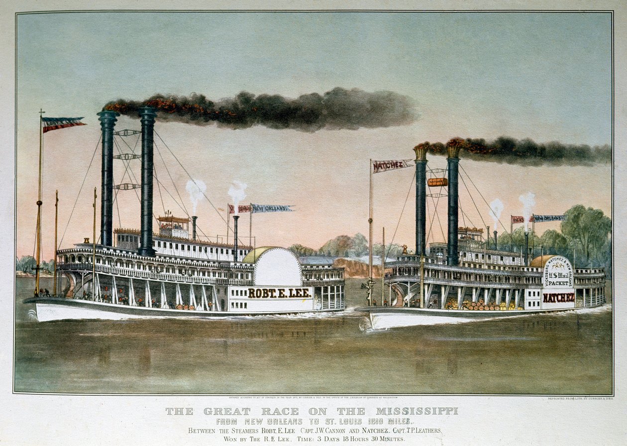 Velký závod parníků na řece Mississippi, z New Orleans do Saint Louis (tisk z 19. století) od Unknown artist